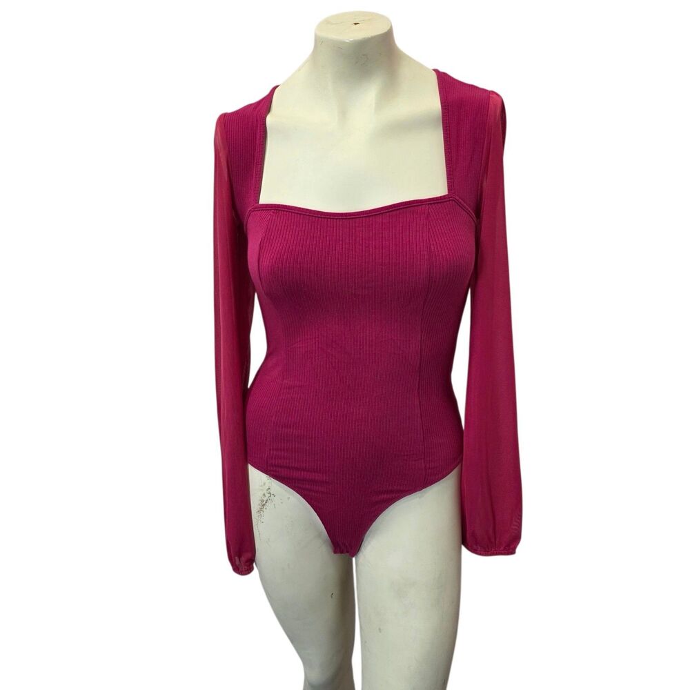 GUESS Pink Ribbed Bodysuit Small Square Neck Sheer Sleeve Y2K Stretch Top